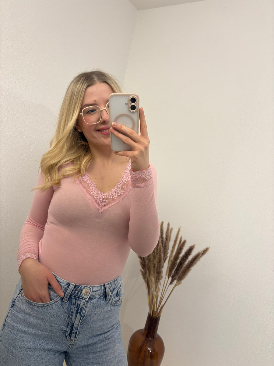 Cashmere Langarmshirt mit Spitze einfarbig Rosa Rose