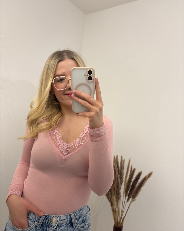 Cashmere Langarmshirt mit Spitze einfarbig Rosa Rose