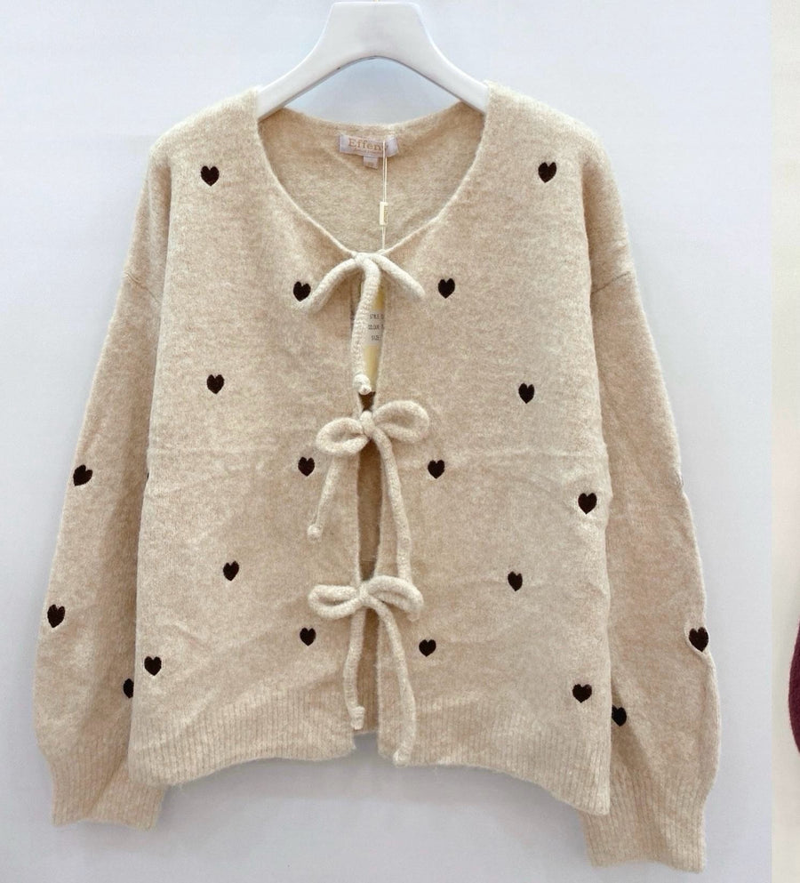 Strickjacke Heart mit Schleifen gestickte Herzen Beige/Taupe