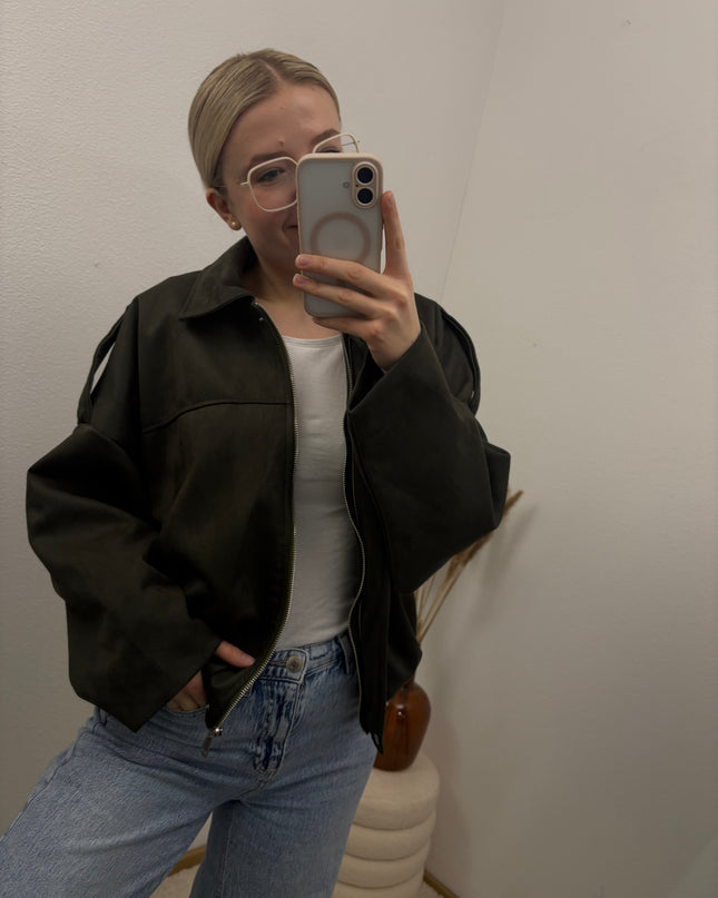 Bomberjacke "Sara" Wildlederimitat Kunstleder Olivgrün Khaki