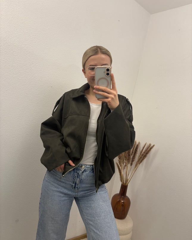 Bomberjacke "Sara" Wildlederimitat Kunstleder Olivgrün Khaki