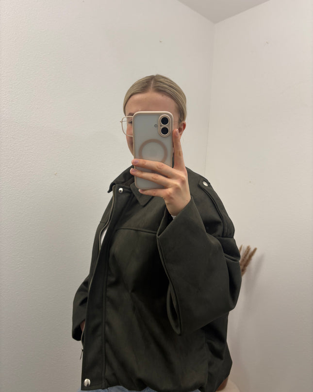 Bomberjacke "Sara" Wildlederimitat Kunstleder Olivgrün Khaki
