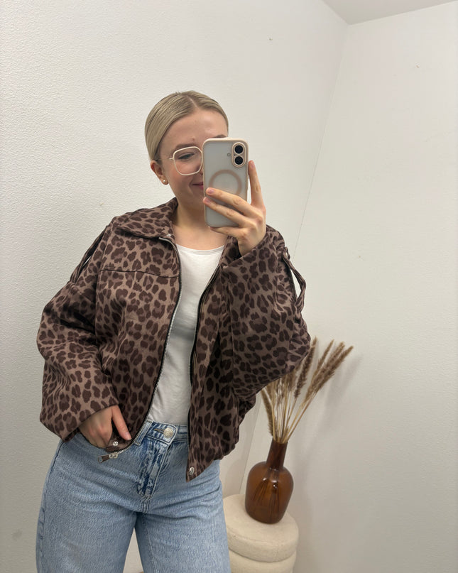 Bomberjacke "Sara" Wildlederimitat Kunstleder Leomuster Braun