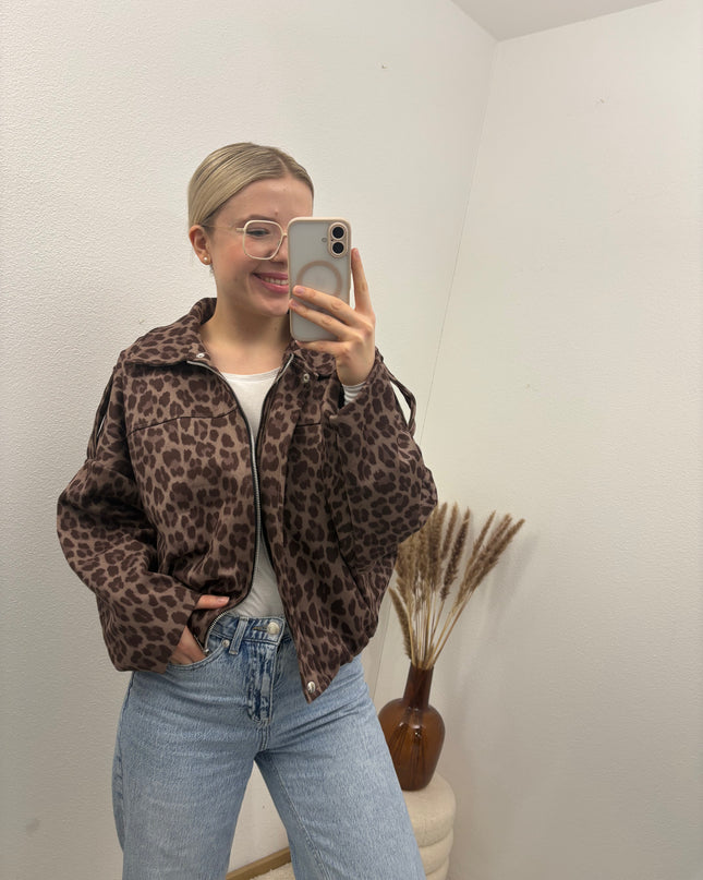 Bomberjacke "Sara" Wildlederimitat Kunstleder Leomuster Braun