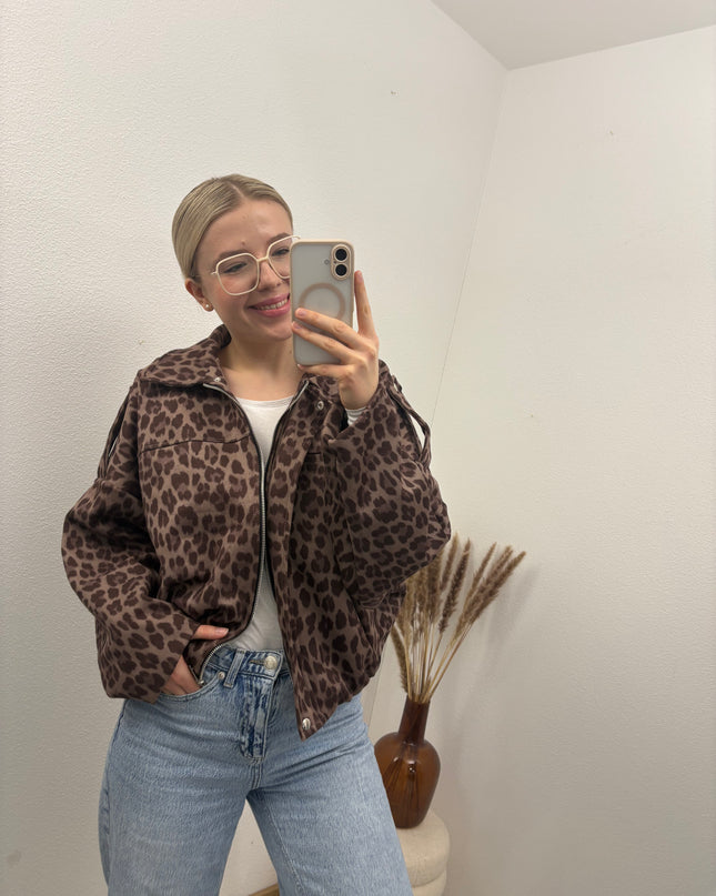 Bomberjacke "Sara" Wildlederimitat Kunstleder Leomuster Braun