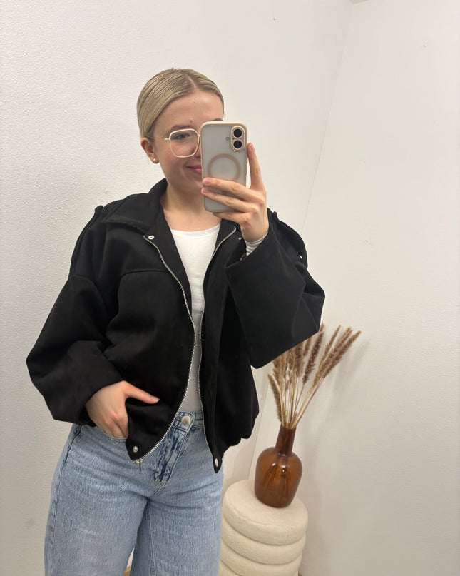 Bomberjacke "Sara" Wildlederimitat Kunstleder Schwarz