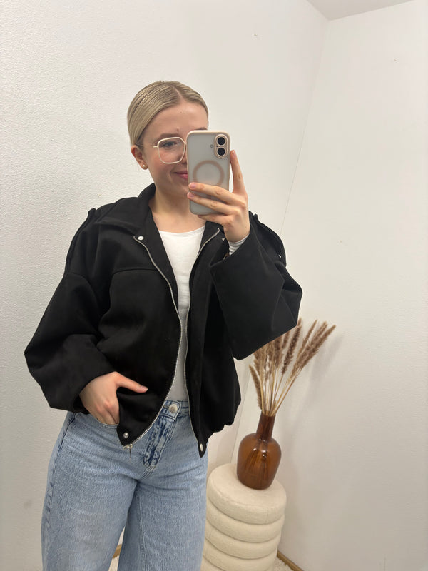 Bomberjacke "Sara" Wildlederimitat Kunstleder Schwarz