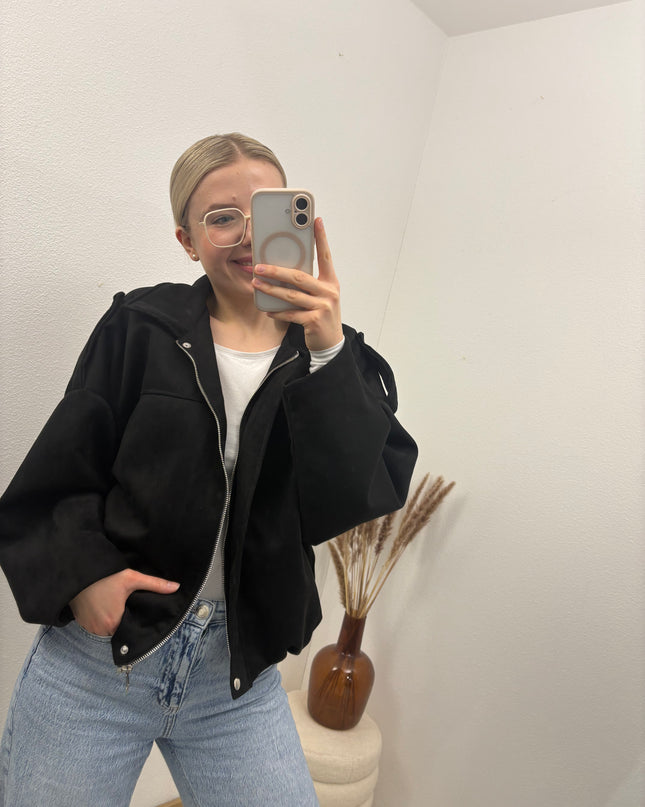 Bomberjacke "Sara" Wildlederimitat Kunstleder Schwarz