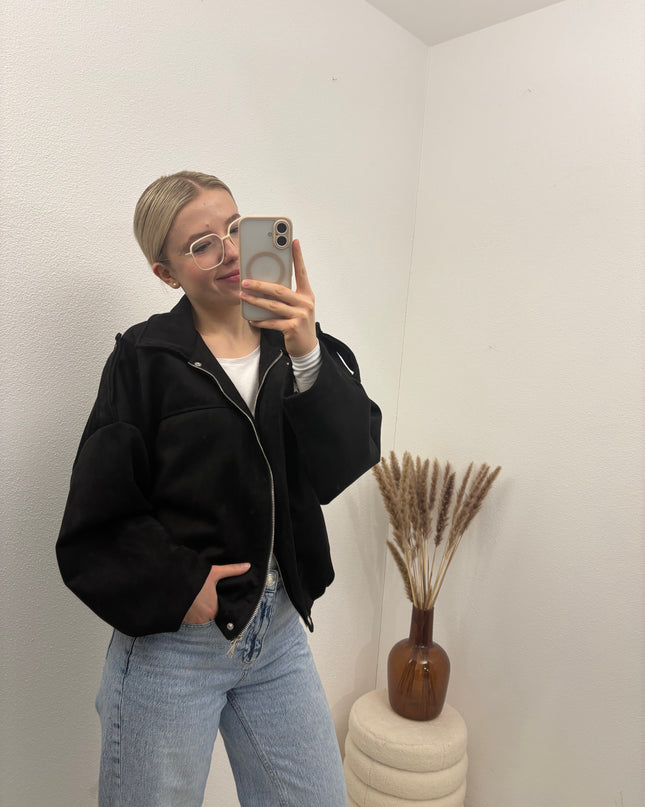 Bomberjacke "Sara" Wildlederimitat Kunstleder Schwarz