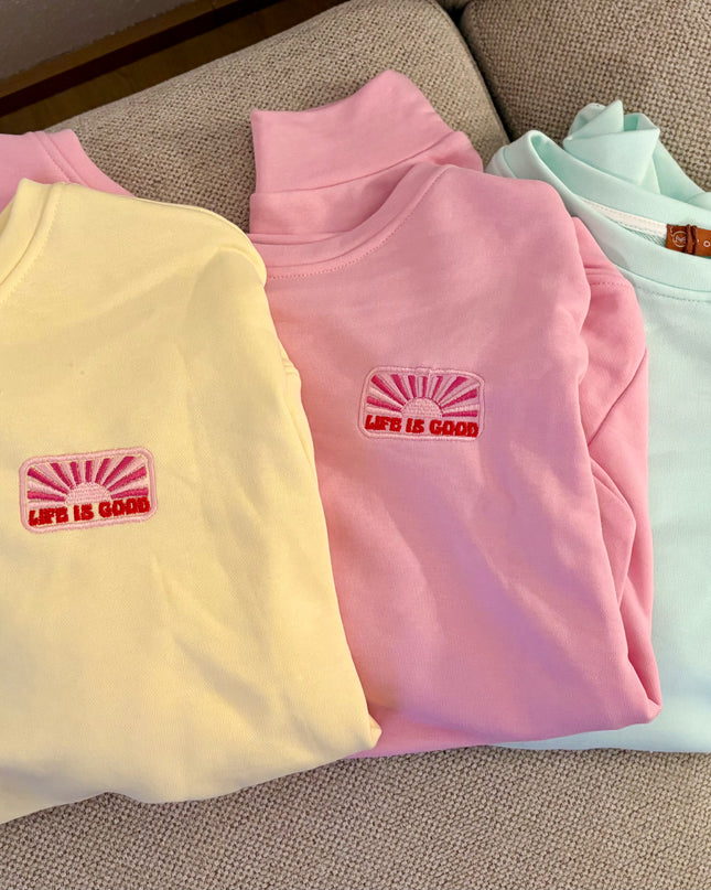 Life is Good Pullover Sweater Sweatshirt Rosa Gelb Mint Koralle