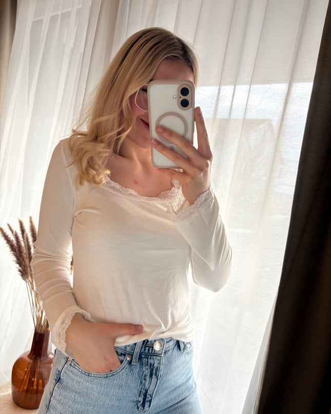 Longsleeve Langarmshirt mit Spitze Ecru Kastenförmiger Ausschnitt