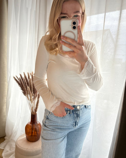 Longsleeve Langarmshirt mit Spitze Ecru Kastenförmiger Ausschnitt