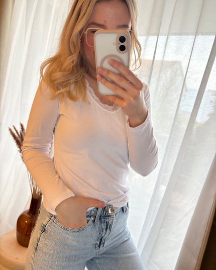 Longsleeve Langarmshirt mit Spitze Weiß