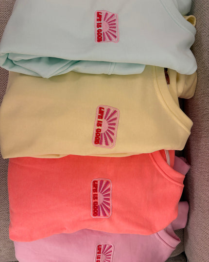 Life is Good Pullover Sweater Sweatshirt Rosa Gelb Mint Koralle