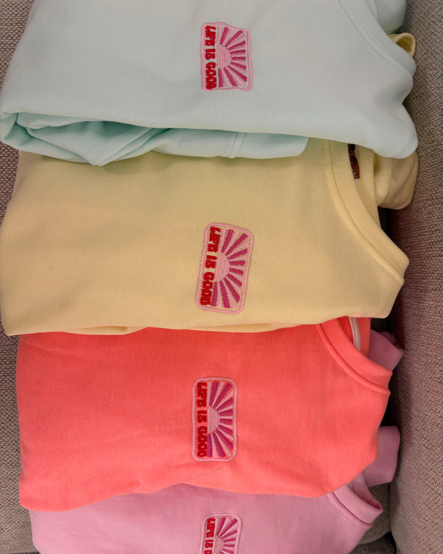 Life is Good Pullover Sweater Sweatshirt Rosa Gelb Mint Koralle