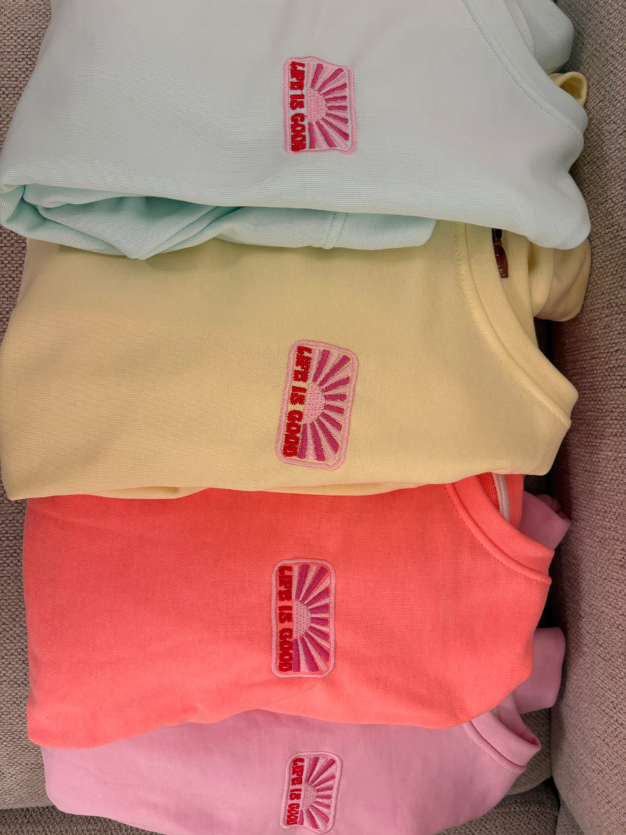 Life is Good Pullover Sweater Sweatshirt Rosa Gelb Mint Koralle