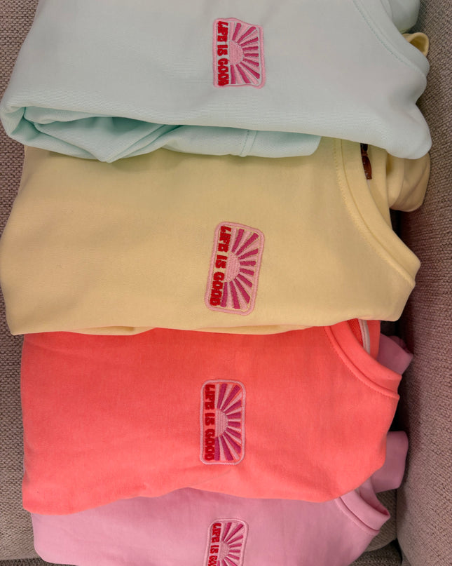 Life is Good Pullover Sweater Sweatshirt Rosa Gelb Mint Koralle