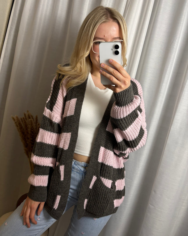 Strick Cardigan gestreift mit Taschen Gelb/Rosa