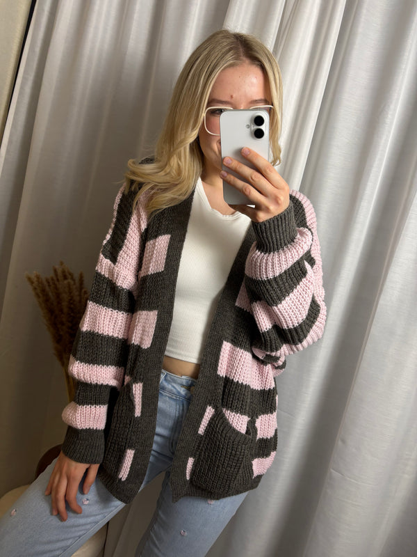 Strick Cardigan gestreift mit Taschen Gelb/Rosa