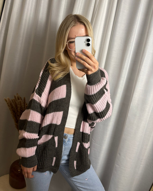 Strick Cardigan gestreift mit Taschen Gelb/Rosa