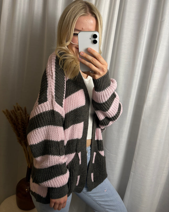 Strick Cardigan gestreift mit Taschen Gelb/Rosa