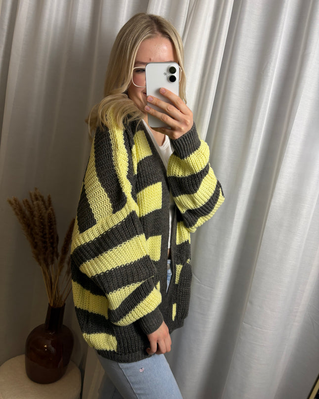 Strick Cardigan gestreift mit Taschen Gelb/Rosa