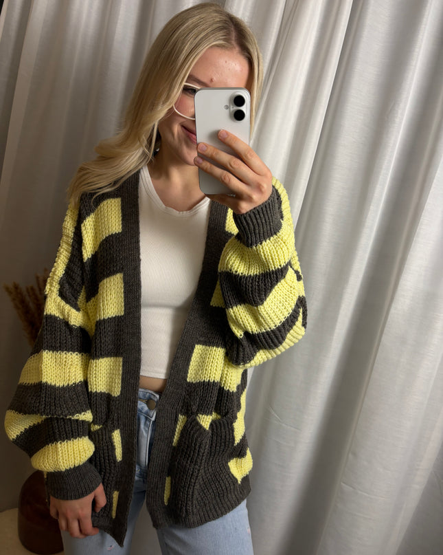 Strick Cardigan gestreift mit Taschen Gelb/Rosa