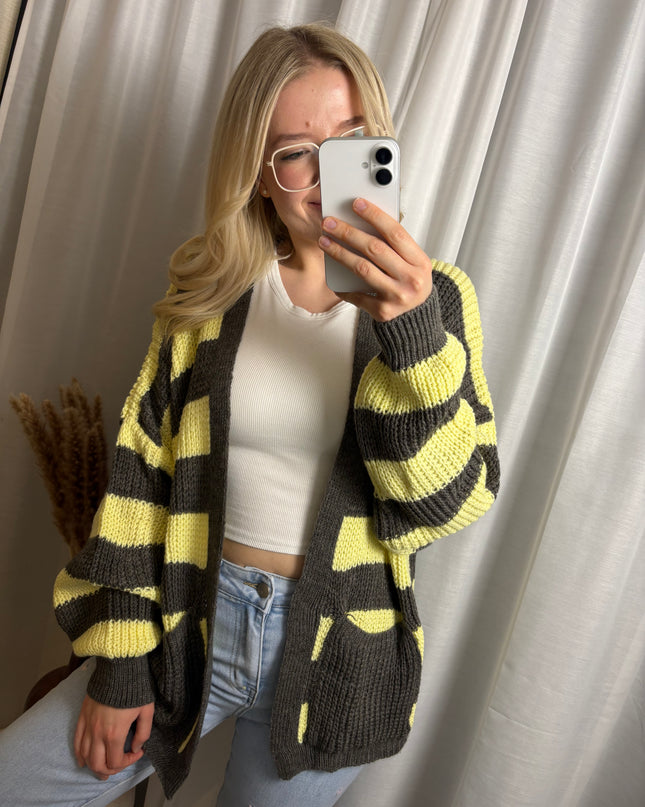 Strick Cardigan gestreift mit Taschen Gelb/Rosa