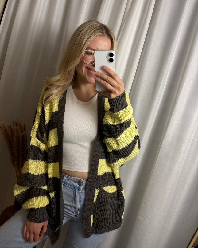 Strick Cardigan gestreift mit Taschen Gelb/Rosa
