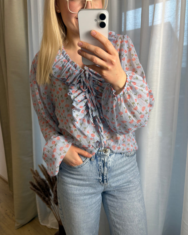 Bluse mit Rosen Glitzer Fäden Rüschen