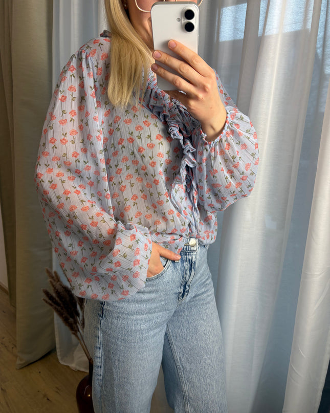 Bluse mit Rosen Glitzer Fäden Rüschen