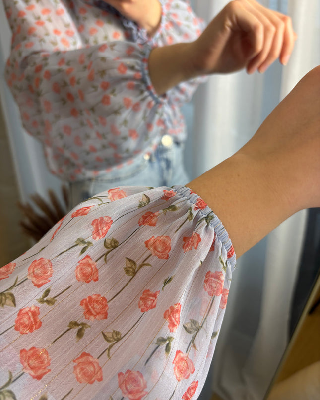 Bluse mit Rosen Glitzer Fäden Rüschen