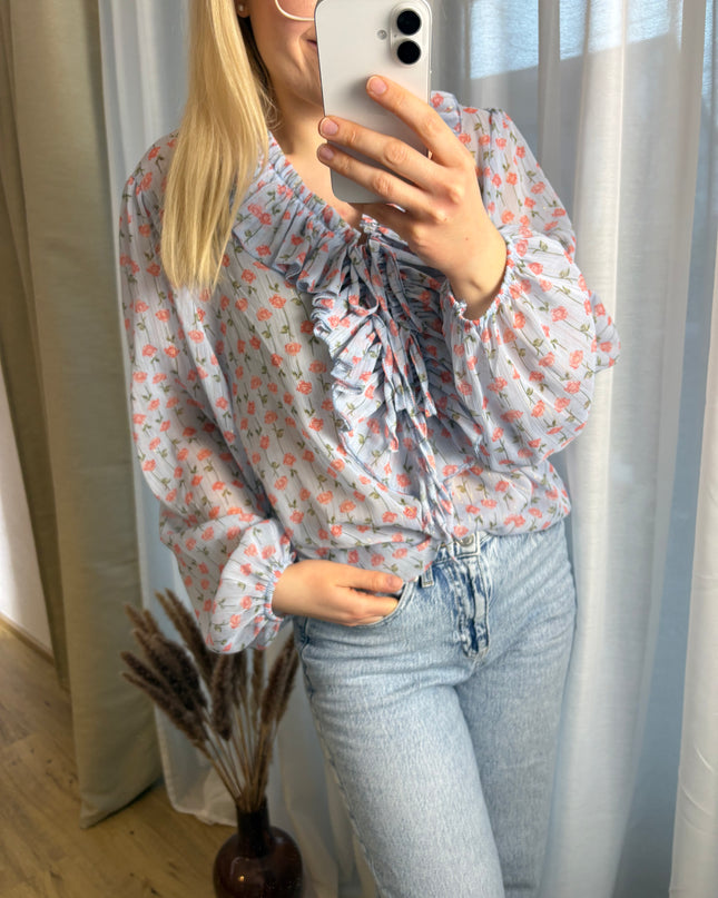 Bluse mit Rosen Glitzer Fäden Rüschen