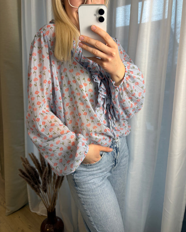 Bluse mit Rosen Glitzer Fäden Rüschen