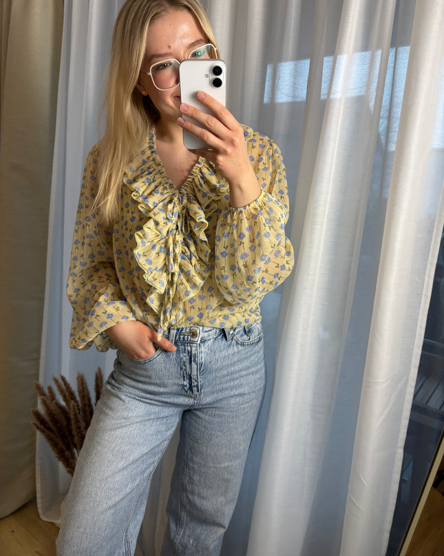 Bluse mit Rosen Glitzer Fäden Rüschen