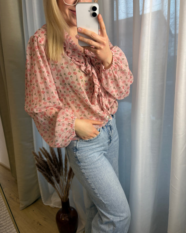 Bluse mit Rosen Glitzer Fäden Rüschen