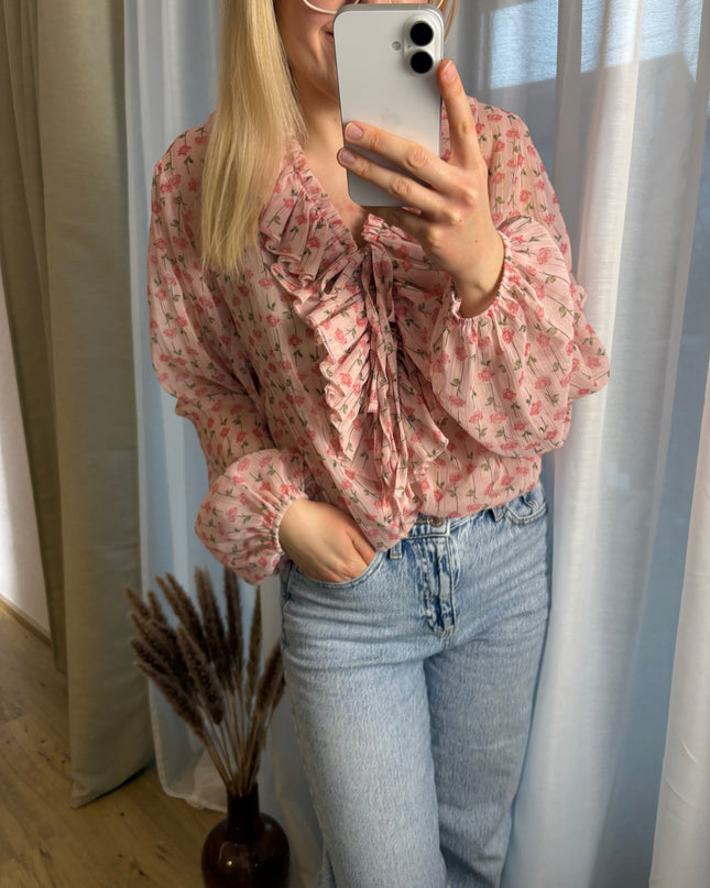 Bluse mit Rosen Glitzer Fäden Rüschen