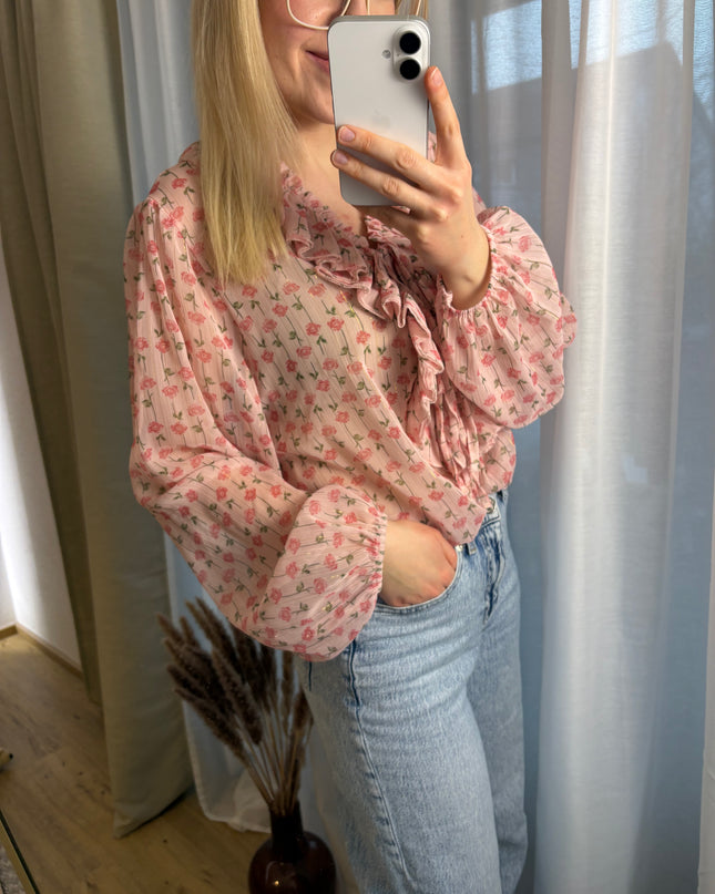 Bluse mit Rosen Glitzer Fäden Rüschen
