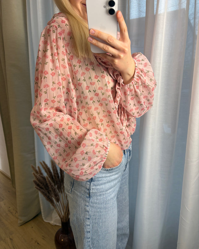 Bluse mit Rosen Glitzer Fäden Rüschen