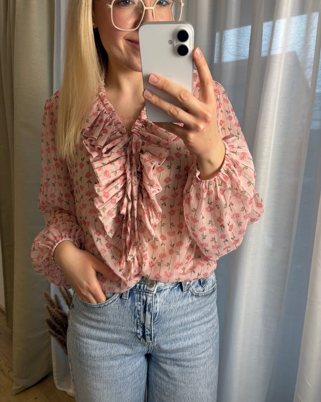 Bluse mit Rosen Glitzer Fäden Rüschen