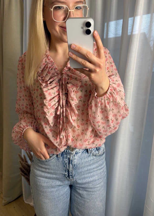 Bluse mit Rosen Glitzer Fäden Rüschen