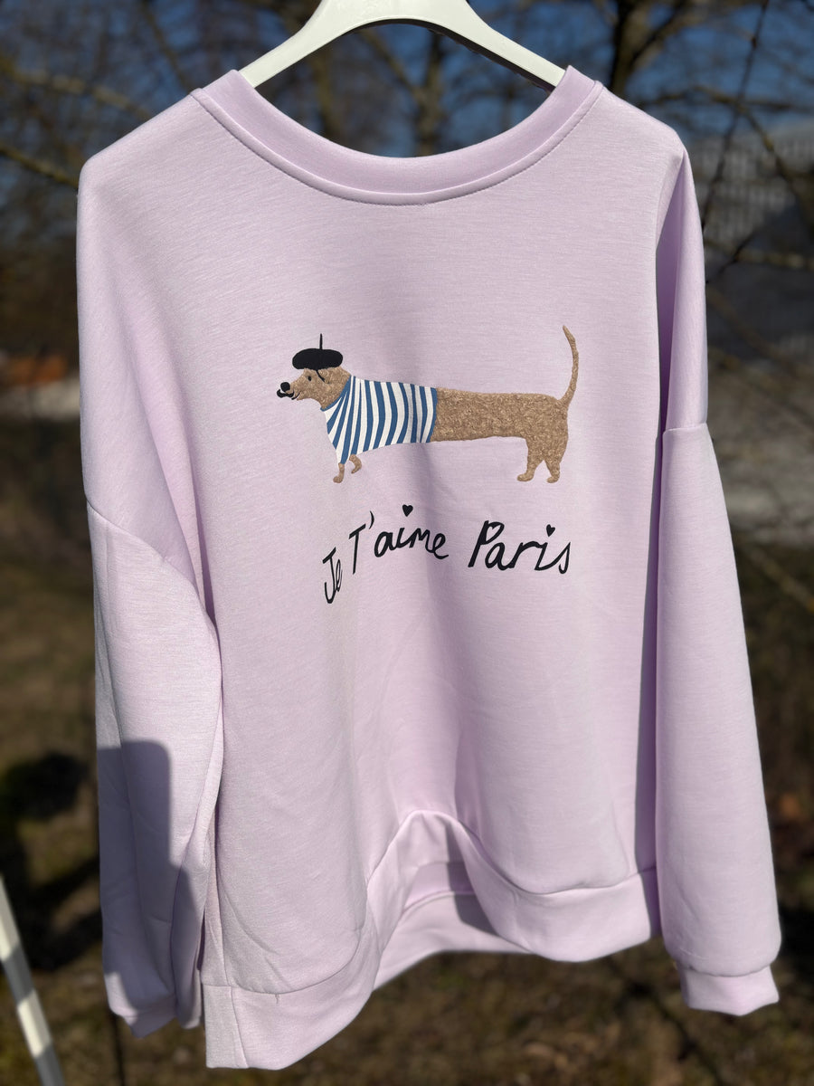 Pullover aus Butterstoff mit Dackel Je Taime Flieder Einheitsgröße
