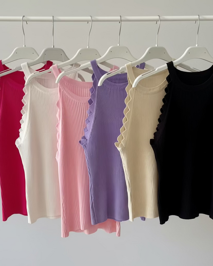 Basic Top mit Muschelsaum verschiedene Farben Rippstrick