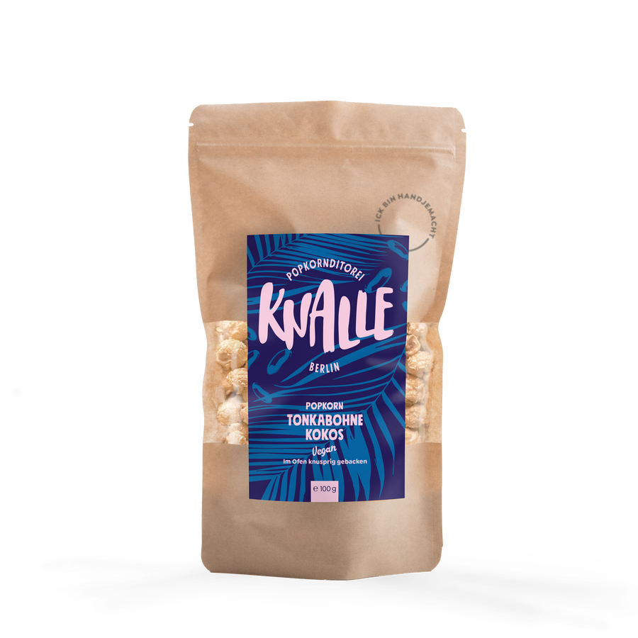 Knalle Tonkabohne Kokos Popcorn 100g Verpackung, vegan