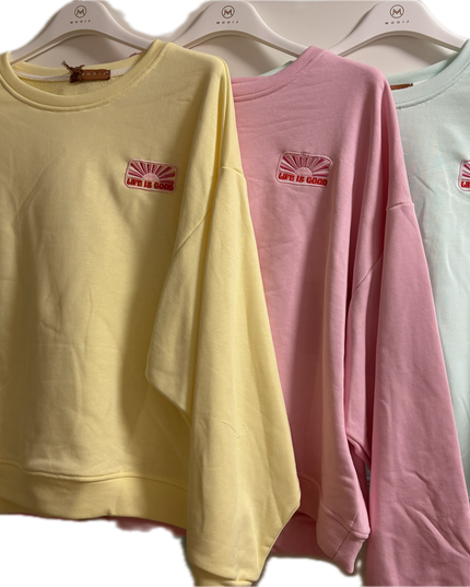 Life is Good Pullover Sweater Sweatshirt Rosa Gelb Mint Koralle