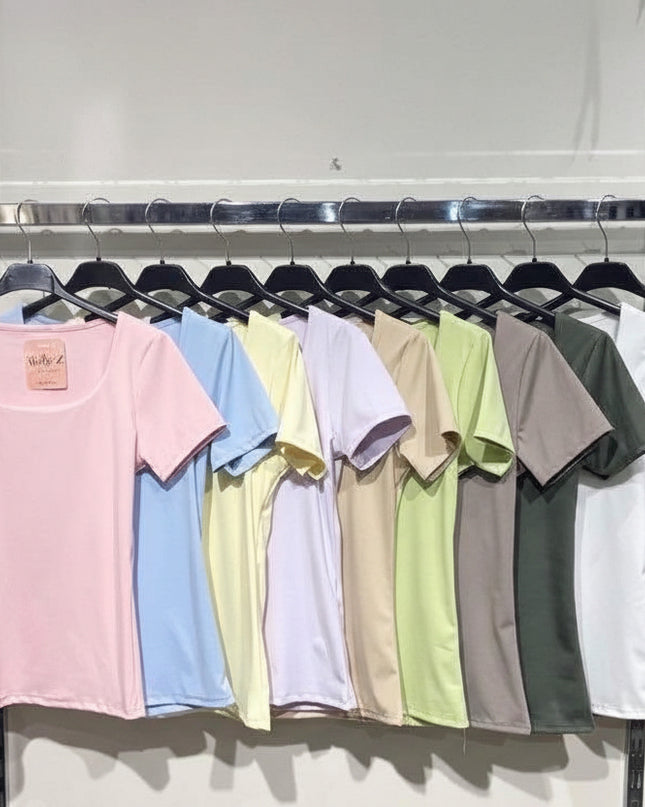 Basic T-Shirt Doppellagig Schwarz/Mint/Rosa/Taupe/Beige/Weiß/Gelb