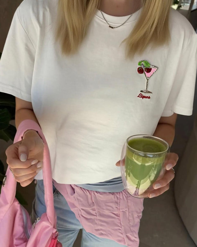 T-Shirt mit Perlen Cherry Liquor Weiß Auswahl
